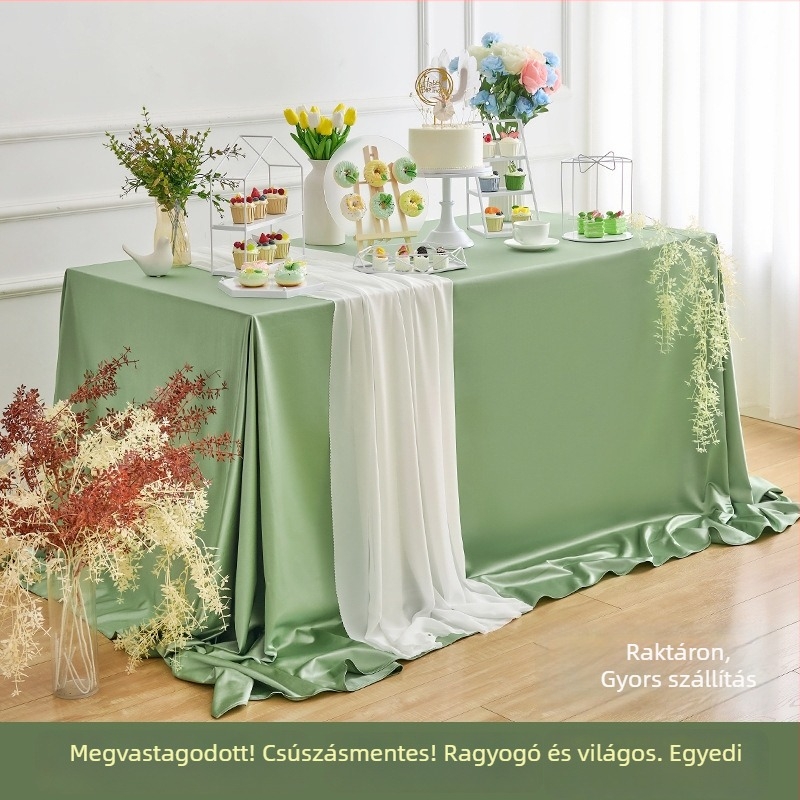 Zöld szatén asztalterítő desszertasztalhoz, születésnapi rendezvényekhez és bankettekhez, elegáns minimalist stílusú, téglalap alakú, konferenciákhoz