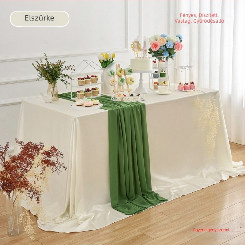 Zöld szatén asztalterítő desszertasztalhoz, születésnapi rendezvényekhez és bankettekhez, elegáns minimalist stílusú, téglalap alakú, konferenciákhoz