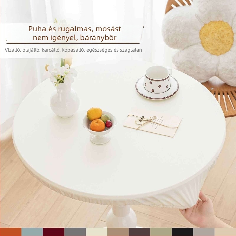 Otthoni kerek asztalterítő, rugalmas, műbőrhatású, mosható, porvédő és csúszásmentes, modern minimalista egyszínű