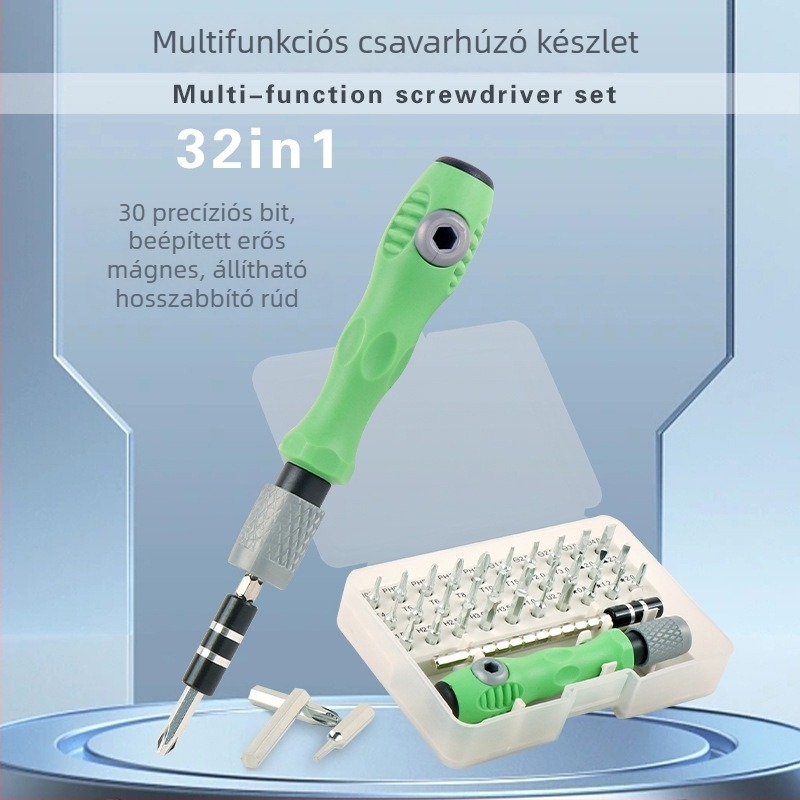 32‑az‑1‑ben csavarhúzó készlet, többfunkciós, mágneses, szénacélból, szigetelés nélküli