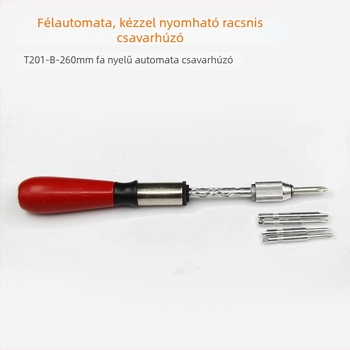 Fa markolatú csavarhúzó T201-B-260mm, kézi nyomású típus, előre-hátra forgó ratchet, félautomata, 5 darabos készlet, mágneses, szigetelt, szénacél