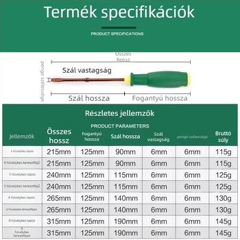Kombinált csavarhúzó lapos és keresztfejű kivitelben, mágneses, S2 acélból, szigetelés nélkül, súly 100–150 g