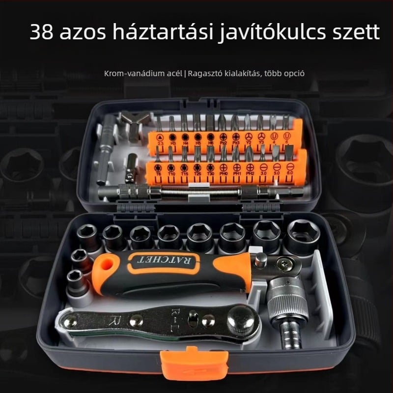 38–in–1 csattogó csavarhúzó készlet háztartási javításokhoz, fej Cr-V acélból, maximális nyomaték 180 N·m, mágneses vég, márka 2880A