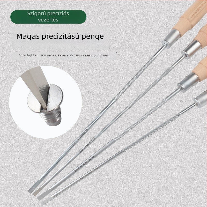 Varrógéphez való csavarhúzó mágneses végű, CR-V króm-vanádium acélból, fa fogantyú, lapos fej, súly 140 g