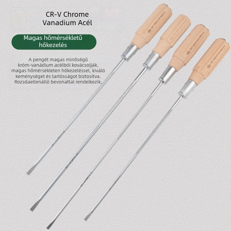 Varrógéphez való csavarhúzó mágneses végű, CR-V króm-vanádium acélból, fa fogantyú, lapos fej, súly 140 g