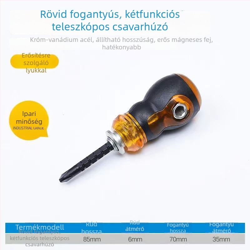 Jiro mini sokoldalú csavarhúzó visszahúzható kereszttel fejjel, rövid nyél, kettős használat