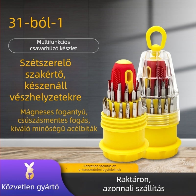 31-in-1 csavarhúzó készlet, króm-vanádium acélból, mágneses, szigetelt, keresztfej, súly körülbelül 138 g