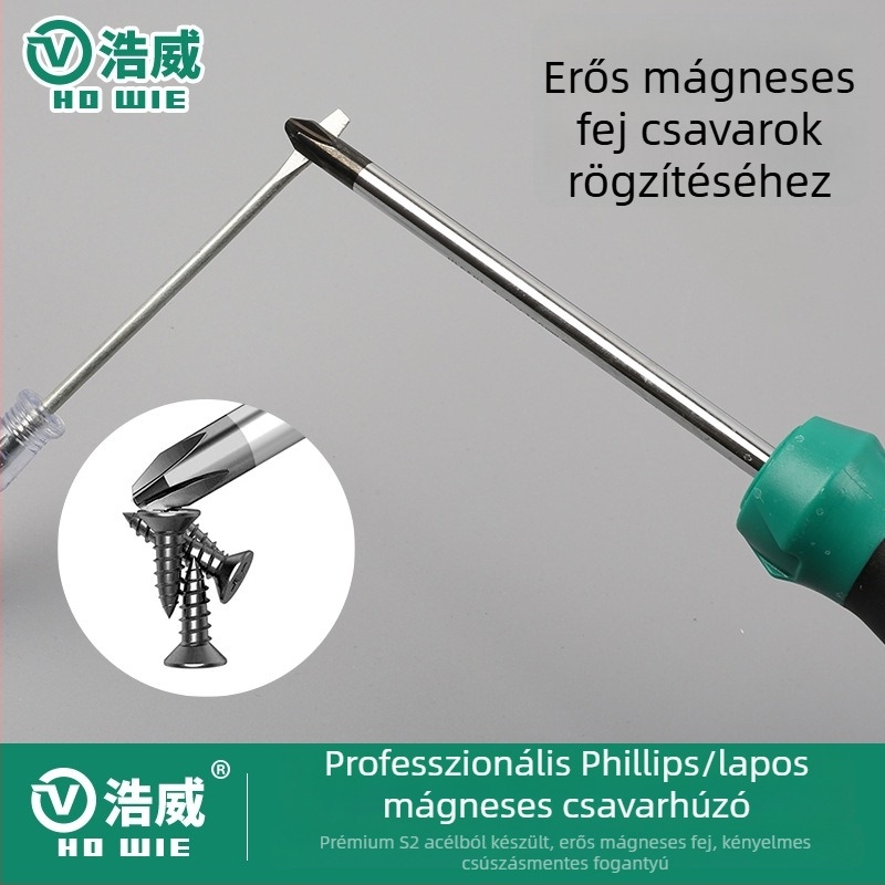 Haowei csavarhúzó készlet: króm-vanádium acélból, szigetelt, mágneses, gumírozott markolattal, kereszthorny és egyenes fejű csavarhúzók