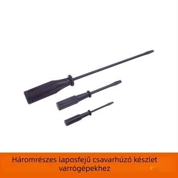 Varrógép pengéjének karbantartására készült laposfejű csavarhúzó készlet, műanyag markolattal, méretek nagy/közepes/kicsi