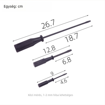 Varrógép pengéjének karbantartására készült laposfejű csavarhúzó készlet, műanyag markolattal, méretek nagy/közepes/kicsi
