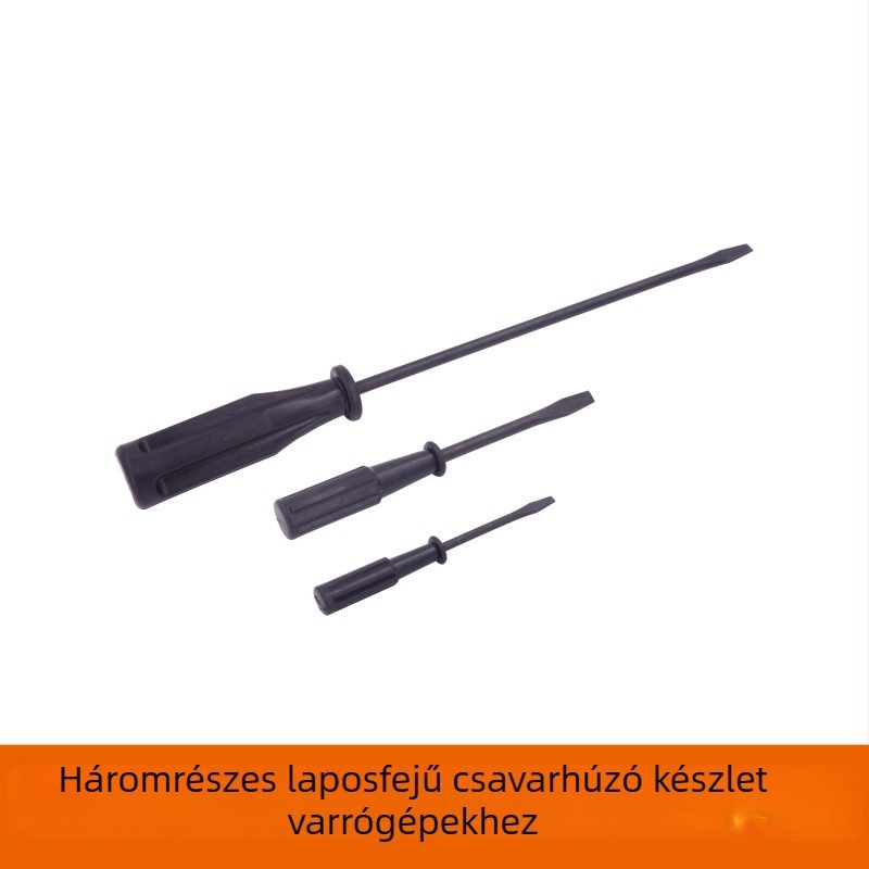 Varrógép pengéjének karbantartására készült laposfejű csavarhúzó készlet, műanyag markolattal, méretek nagy/közepes/kicsi