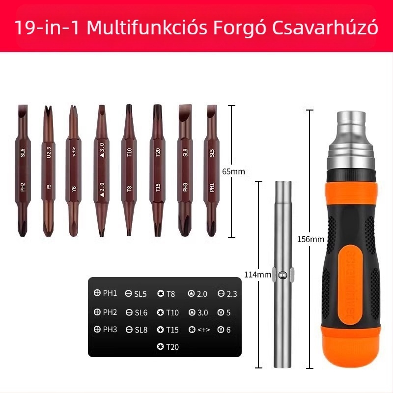Mágneses ratchet mechanizmusú csavarhúzó-készlet kettős fejessel (kereszt- és egyenes fej) – ipari minőség, szigetelt, S2 szerszámacél