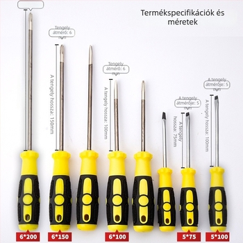 Többcélú csavarhúzó lapos és kereszthfejű kivitelben, króm-vanádium acélból, teleszkópos hossz 120–280 mm, tengely Ø4–6 mm, ABS markolat, megfelel Ø4–8 mm csavarokhoz