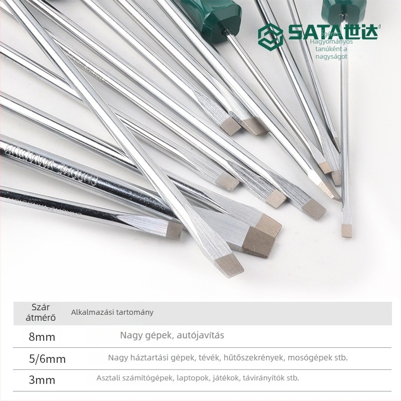 Laposfejű csavarhúzó, mágneses, Cr-V acél, hosszított hossz, szigetelés nélküli