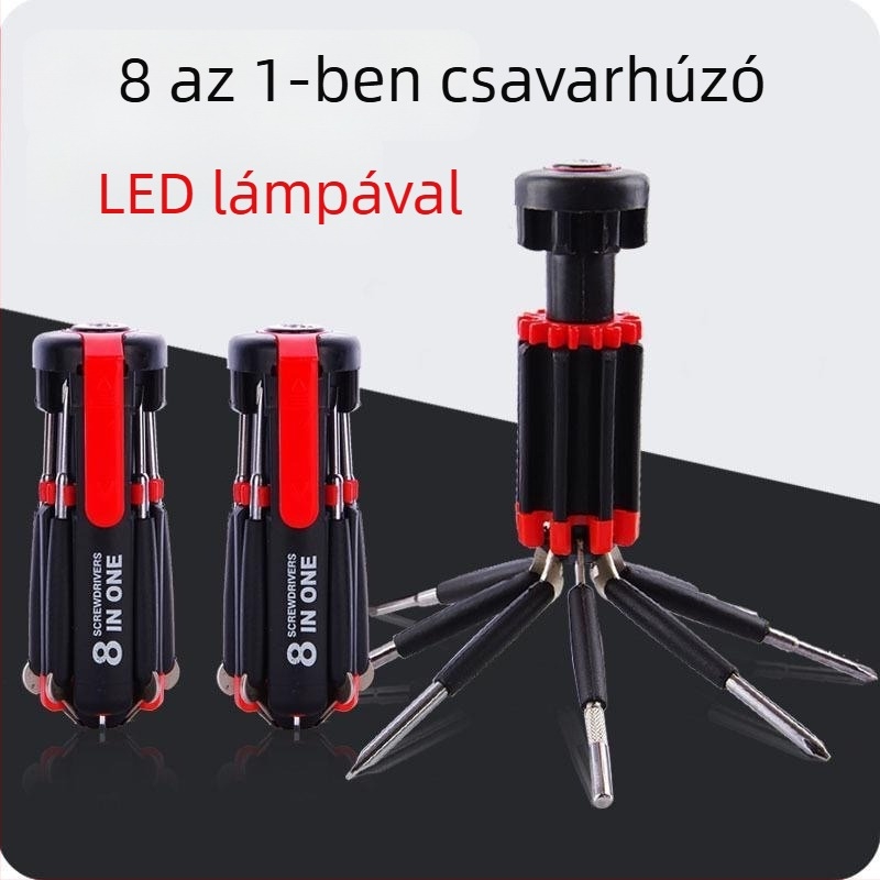 8 az 1-ben csavarhúzó LED-es zseblámpával autós használatra és kültéri többfunkciós szerszám