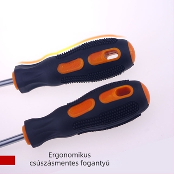 Mágneses króm-vanádium csavarhúzó fekete-sárga gumírozott markolattal, keresztes és egyenes fej