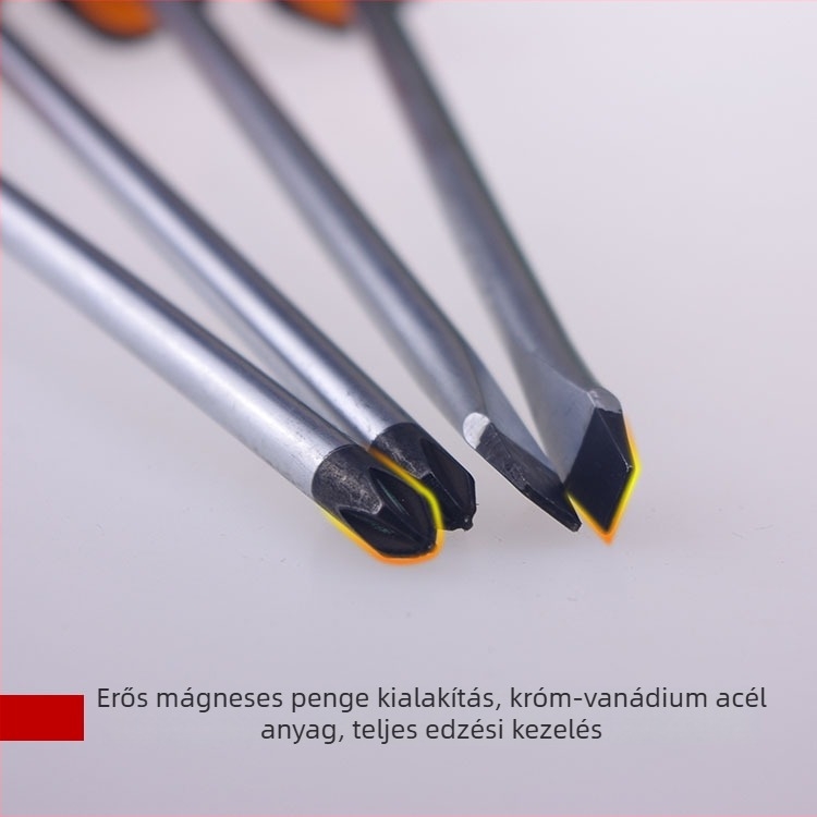 Mágneses króm-vanádium csavarhúzó fekete-sárga gumírozott markolattal, keresztes és egyenes fej