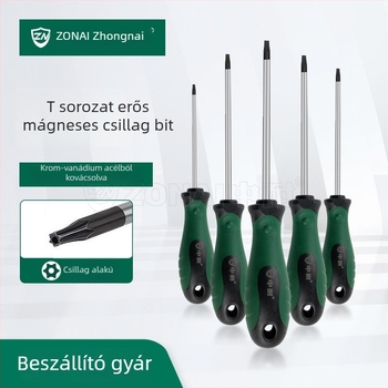 Torx csavarhúzó T-sorozat, virágfejű, középső lyukkal, mágneses, Cr-V acélból, ragasztó bevonatú markolat