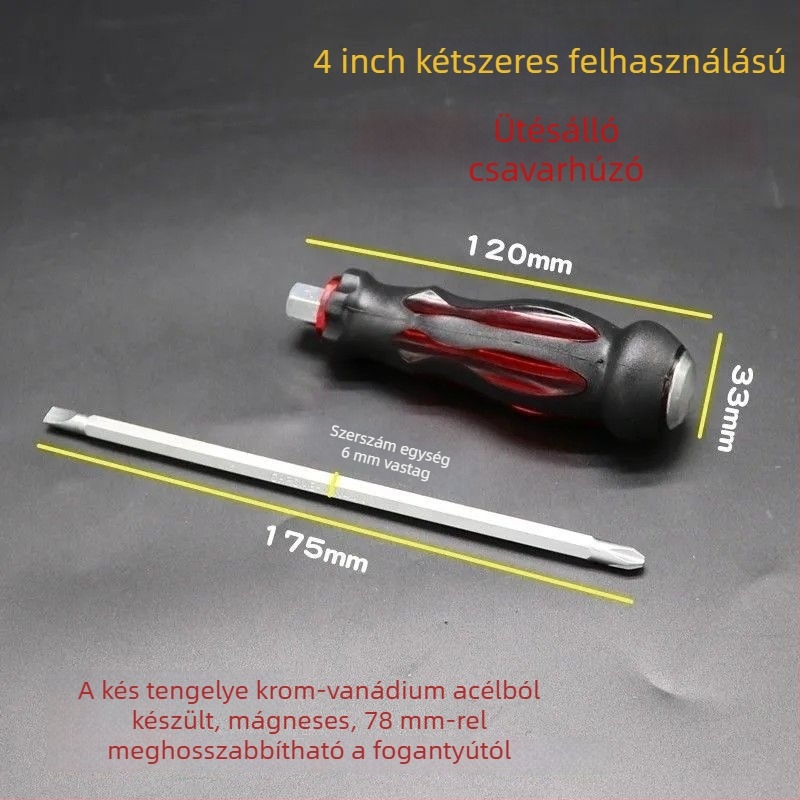 Kétfunkciós kereszthorny csavarhúzó mágneses fejjel, 45# acélból, ragasztóbevonatú markolattal, súly 100 g