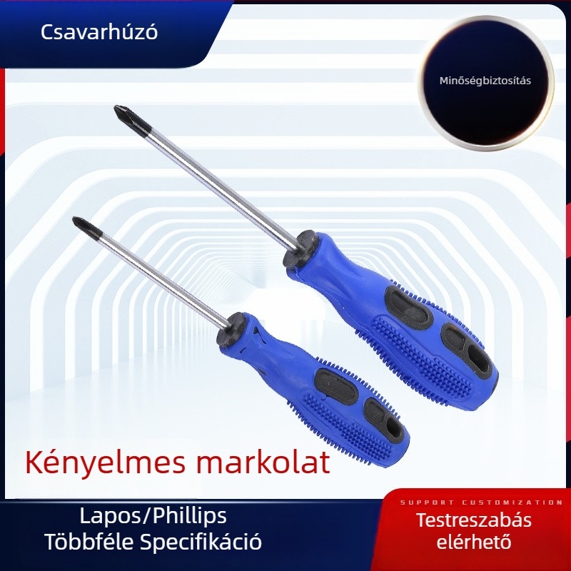 Phillips és lapos fejű csavarhúzó készlet, 3, 4, 5 és 6 hüvelyk hosszúságú pengékkel; szénacél pengék, mágneses és izolált kivitel; markolat ragasztóval bevont.