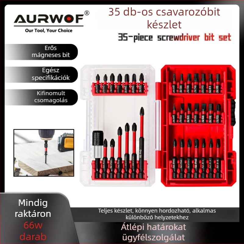 Elektromos csavarhúzó mágneses bitekészlet, 35 darab, S2 szerszámacél, keresztes Philips bitek