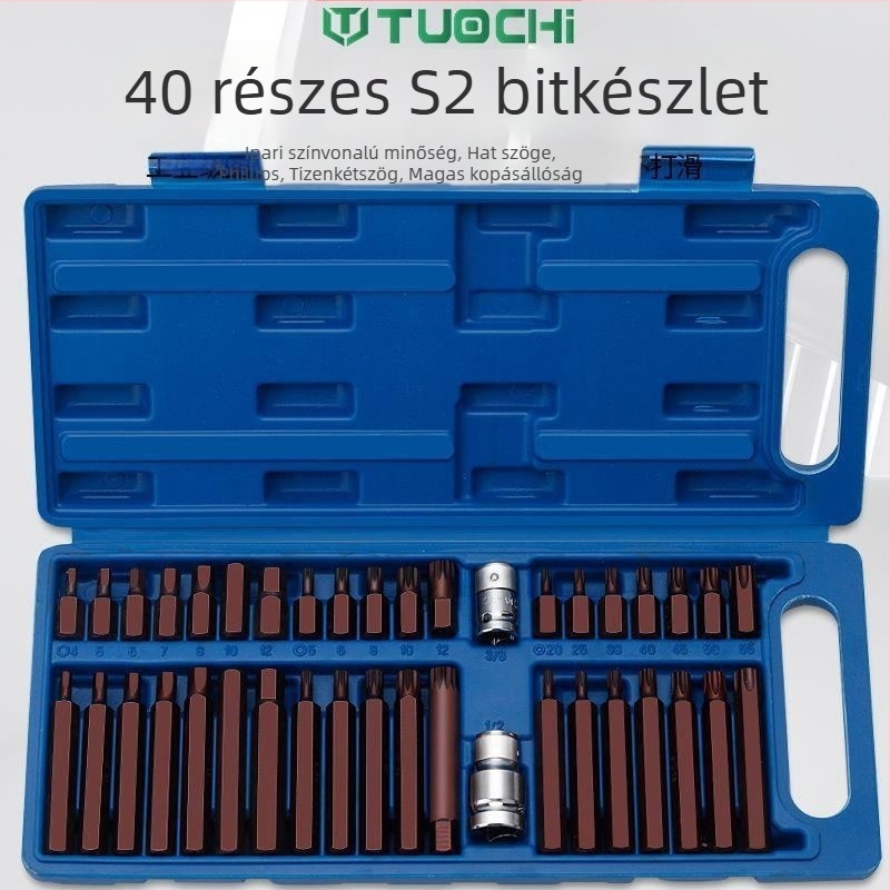 40 darabos csavarhúzóbit-készlet, S2-ötvözetű szerszámacél, mágneses, 12-szögű hex bitek, többfunkciós