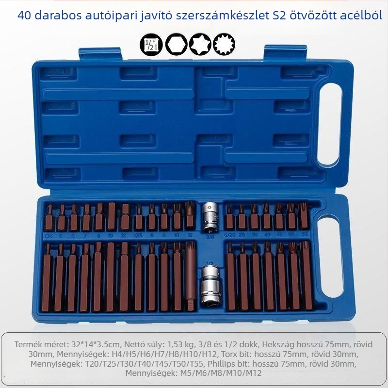 40 darabos csavarhúzóbit-készlet, S2-ötvözetű szerszámacél, mágneses, 12-szögű hex bitek, többfunkciós