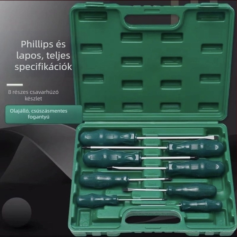 8 részes szénacél csavarhúzó készlet síkfejű, Philips és Torx típusú bitekkel, háztartási és ipari használatra