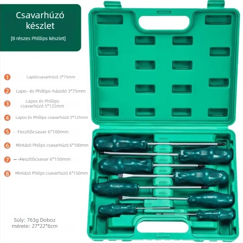 8 részes szénacél csavarhúzó készlet síkfejű, Philips és Torx típusú bitekkel, háztartási és ipari használatra