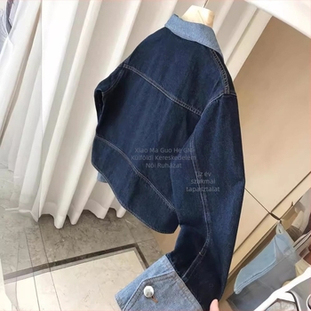 Női mosott denim dzseki kontraszt gallérral, rövid fazon, hosszú ujjú, városi ingázó stílus