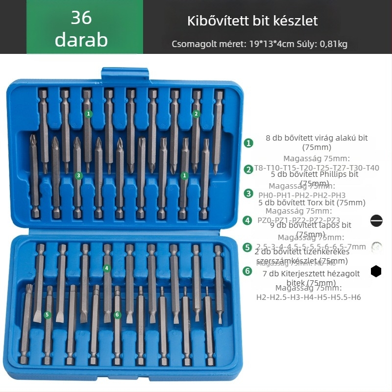 36/50 részes elektromos csavarhúzó készlet mágneses bitekkel és hosszabbító rudakkal szénacélból