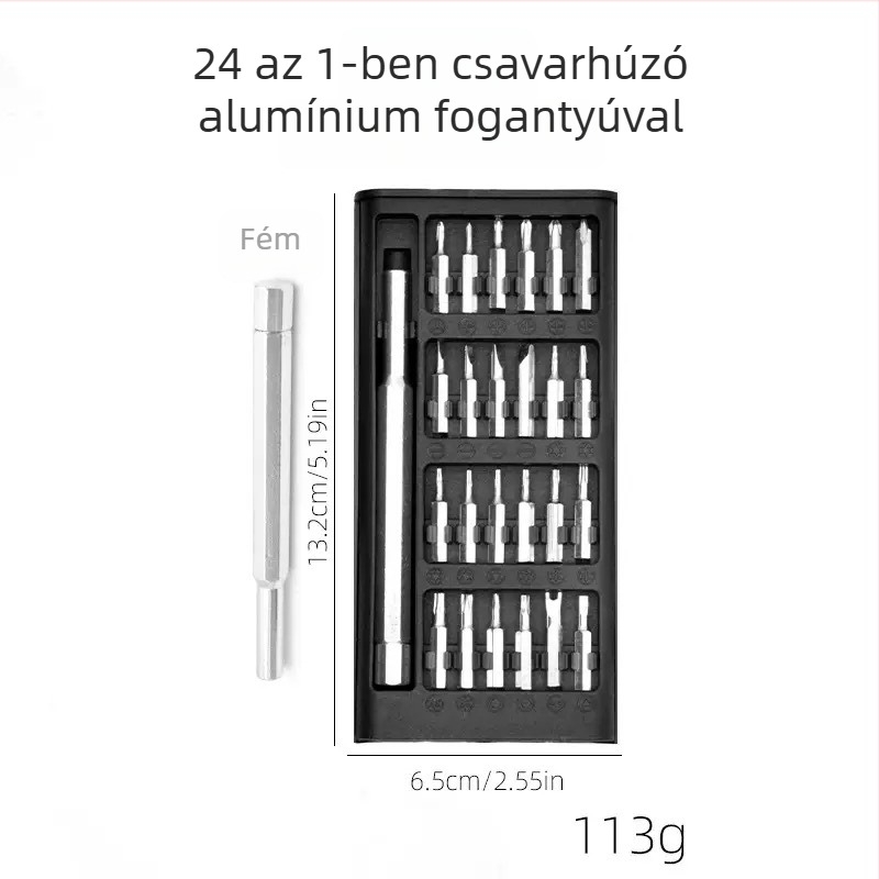 24 az 1-ben precíziós mágneses csavarhúzó készlet mobiltelefon javításhoz, izolált és mágneses fejű tippek, króm-molibden acél, tömeg 0.1