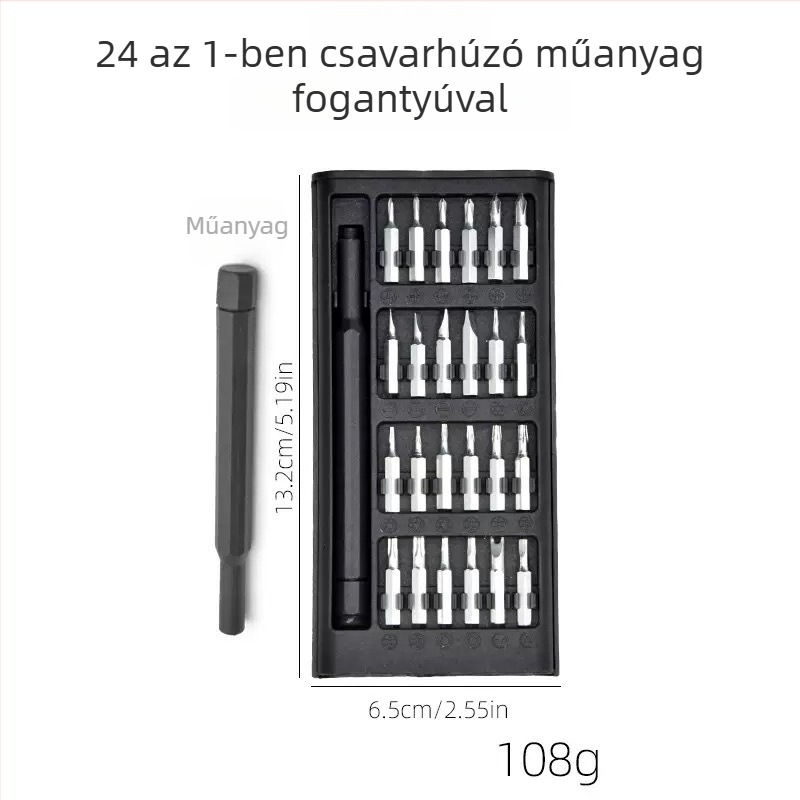 24 az 1-ben precíziós mágneses csavarhúzó készlet mobiltelefon javításhoz, izolált és mágneses fejű tippek, króm-molibden acél, tömeg 0.1