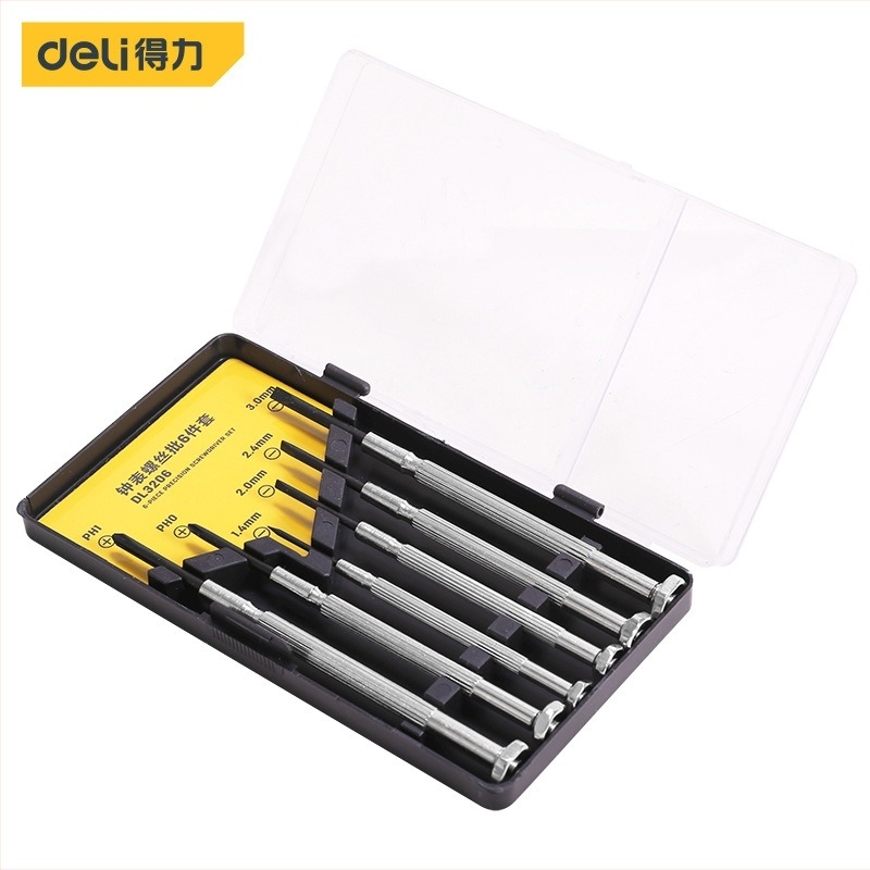 Deli tools 6 részes precíz csavarhúzó készlet órák és mobiltelefonok javítására, mágneses, szigetelt, szénacél pengék, tömege 125 g