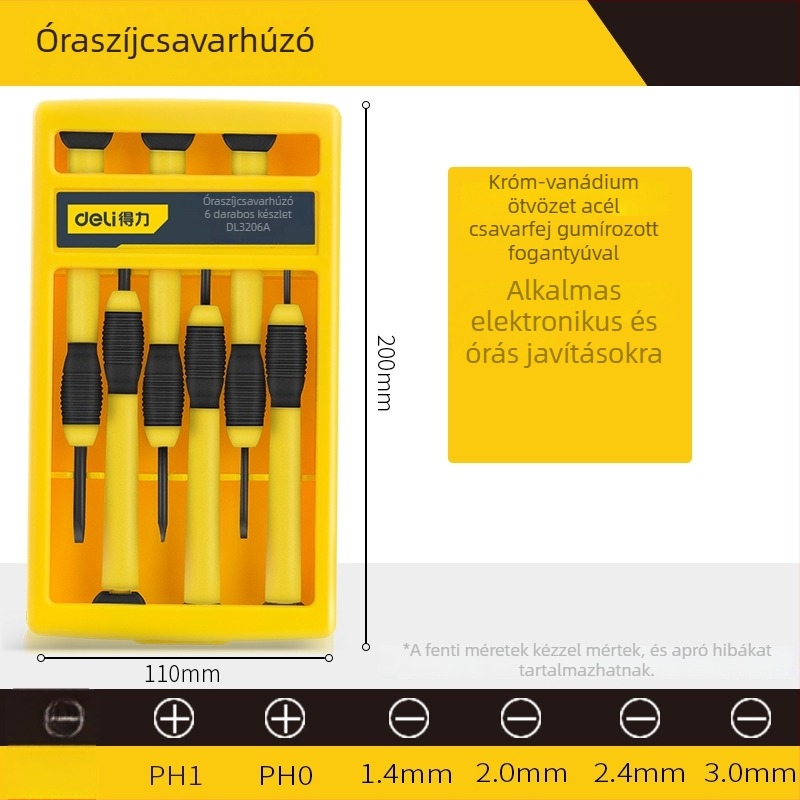 Deli tools 6 részes precíz csavarhúzó készlet órák és mobiltelefonok javítására, mágneses, szigetelt, szénacél pengék, tömege 125 g