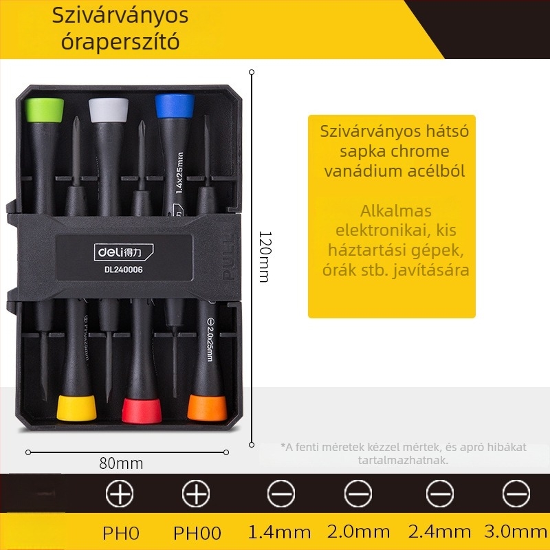 Deli tools 6 részes precíz csavarhúzó készlet órák és mobiltelefonok javítására, mágneses, szigetelt, szénacél pengék, tömege 125 g