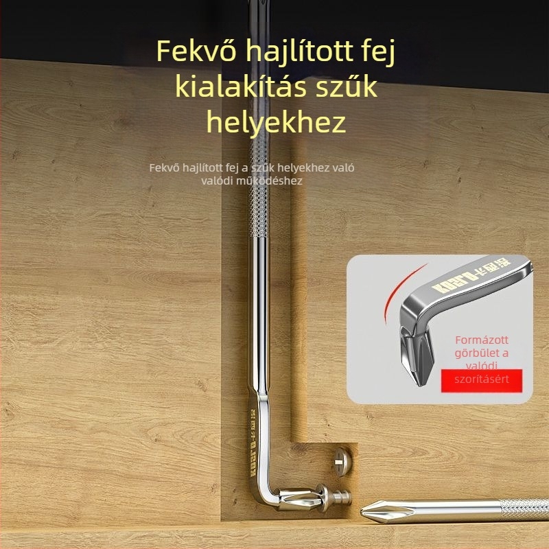 Mágneses derékszögű csavarhúzó készlet, 90°-os L- és Z-típusú fejjel keskeny helyekhez; szénacélból; tartalmaz keresztfejű (Z-típusú), L-formájú fej és mini hatszög kulcs