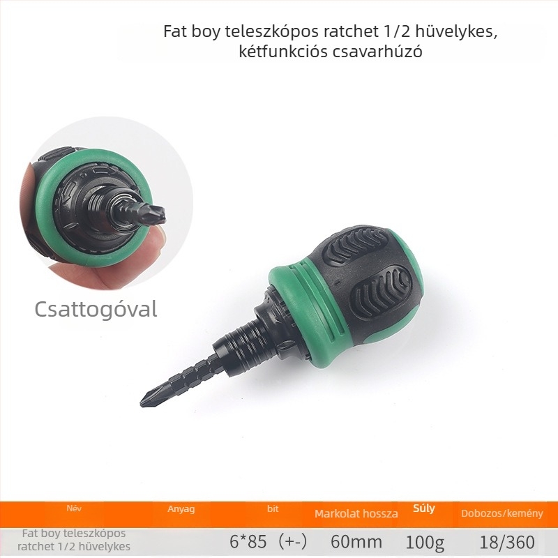 FUTE mini teleszkópos kétirányú racsnis csavarhúzó, vágófej karbontartalmú acél, mágneses és szigetelt, fej formájú retek