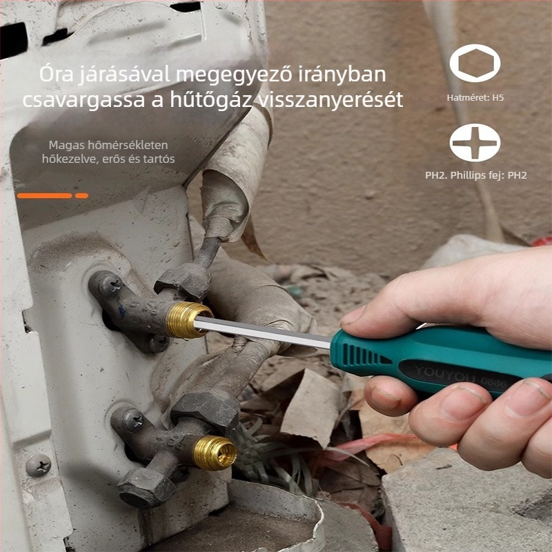 Légkondicionáló karbantartási csavarhúzó kereszthorny fejjel, izolált, mágneses, Cr_V acélból, műanyag markolat