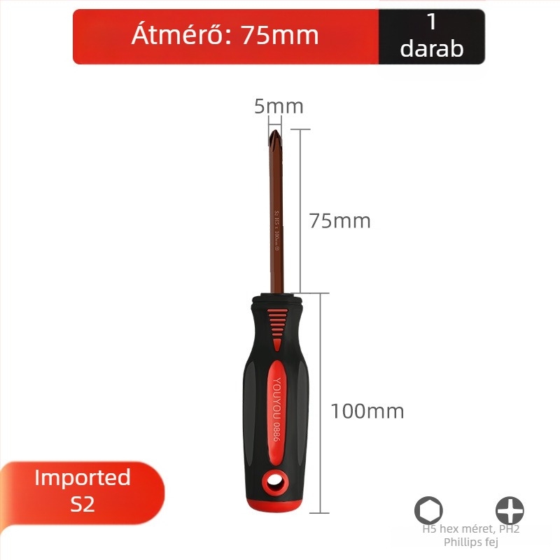 Légkondicionáló karbantartási csavarhúzó kereszthorny fejjel, izolált, mágneses, Cr_V acélból, műanyag markolat