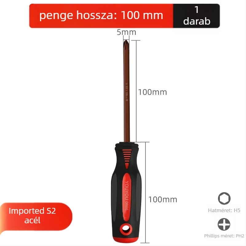 Légkondicionáló karbantartási csavarhúzó kereszthorny fejjel, izolált, mágneses, Cr_V acélból, műanyag markolat