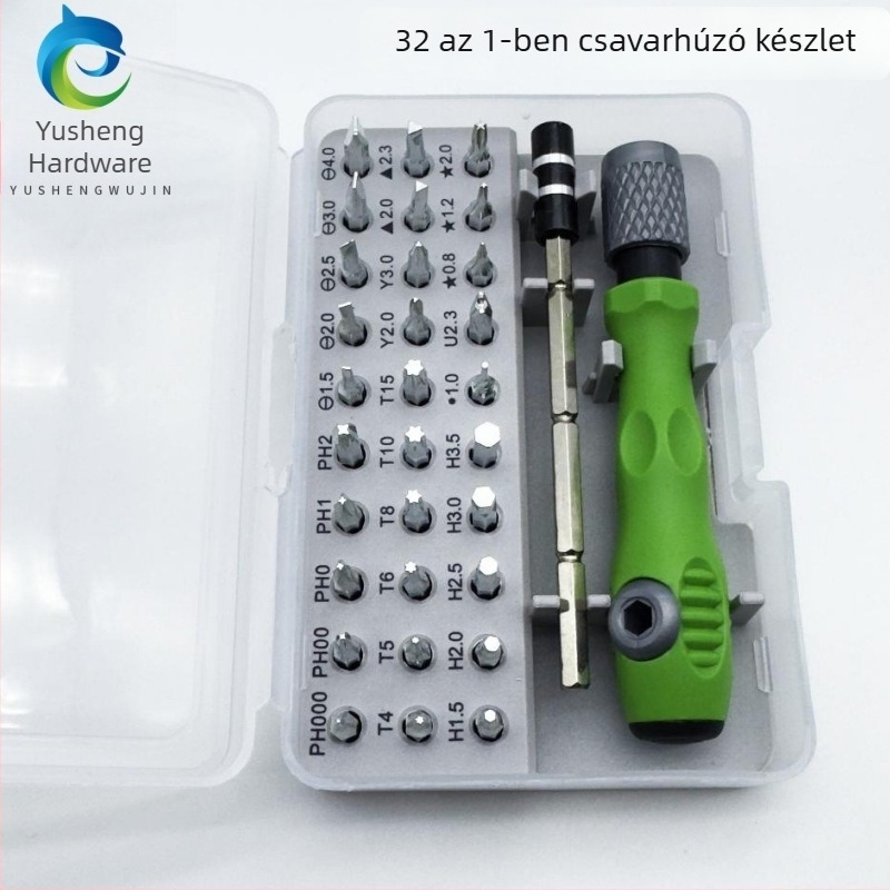 32 az 1-ben csavarhúzó készlet mágneses bitekkel, hordozható eszköz mobiltelefon és számítógép javításához, 45# acél, tömeg 0,107 kg