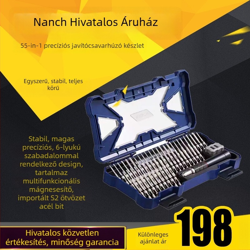 55-in-1 csavarhúzó készlet S2 acélból, mágneses hegyeivel, szigetelés nélküli, tömeg 580 g