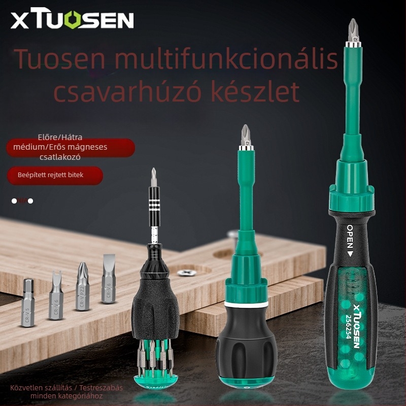 Többfunkciós speciális formájú csavarhúzó készlet: lapos fej, kereszthornyú fej, rácsos mechanizmussal (Márka: Xtuosen; Mágneses: Igen; Szigetelt: Igen; Anyag: szénacél)