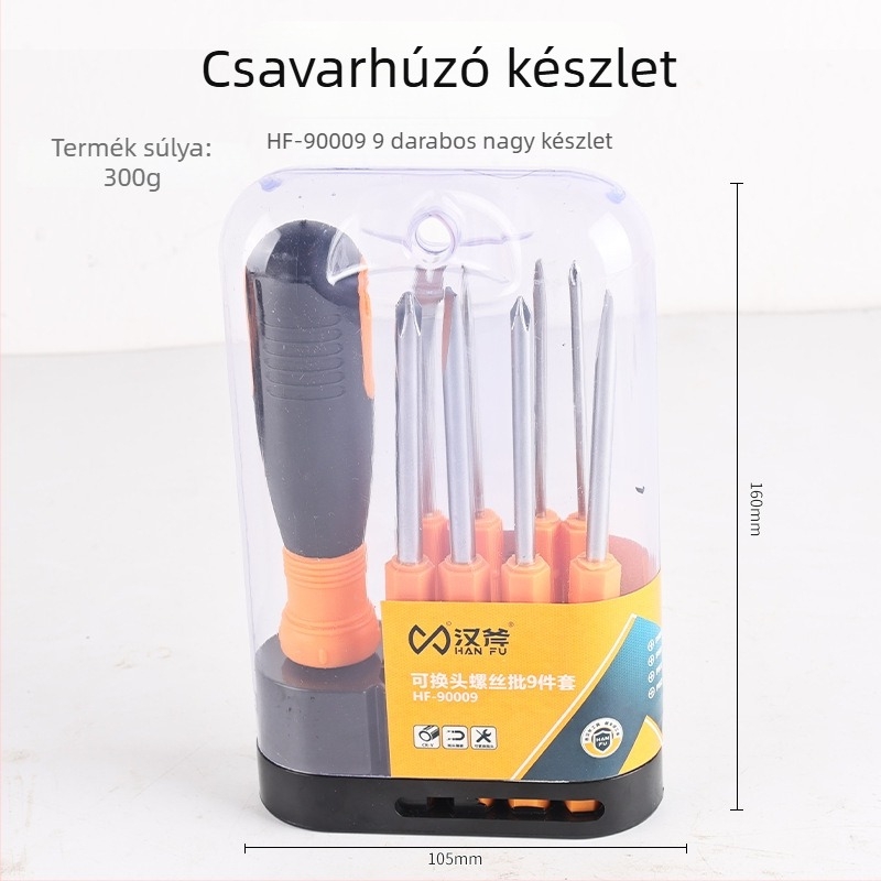 Han Ax 9 részes, sokoldalú háztartási csavarhúzó készlet, mágneses, szigetelt, Phillips és lapos fejű, CR-V acélból