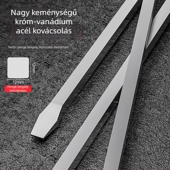 Szerszámkészlet: nagy méretű, rendkívül hosszú laposfejű csavarhúzó, kiterjesztett feszítővas és hosszú nyél – autóhasználatra és önvédelemre