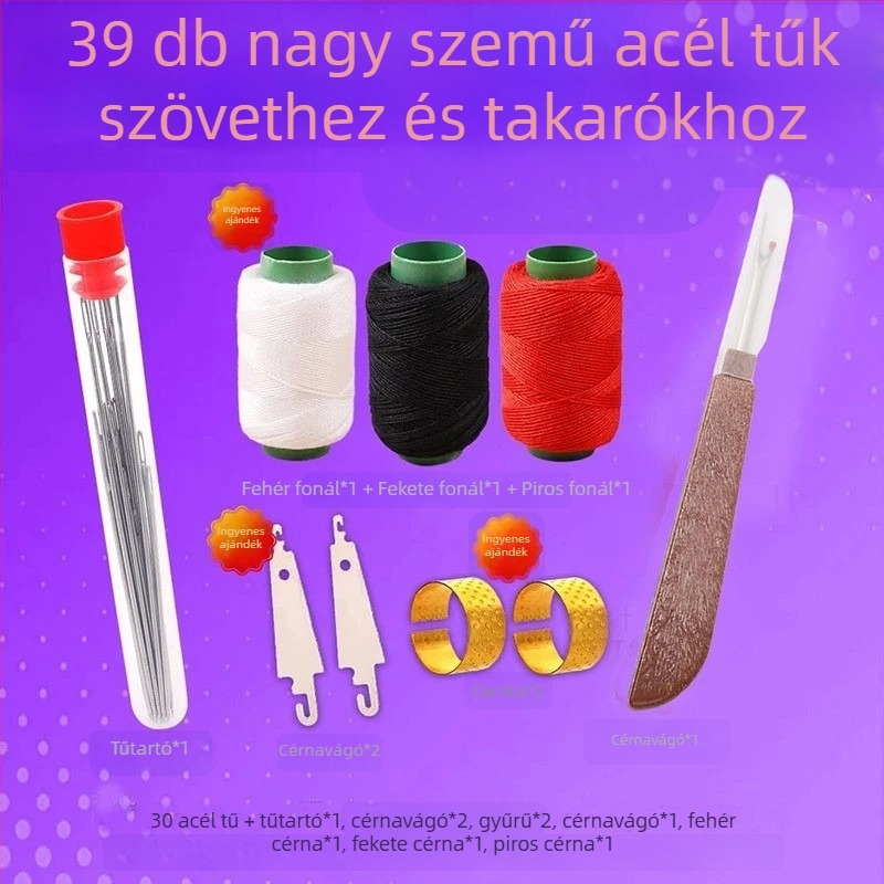 39 darabos készlet nagy szemű acél tűkkel, kézi varrás, ruhák és paplanok, hagyományos hímzés, tartós, tároló doboz