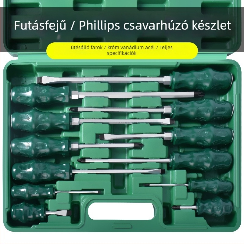 Csavarhúzó készlet lapos és keresztfejű bitkkel, króm-vanádium acélból, mágneses, súly 1.8