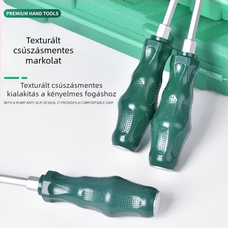 Csavarhúzó készlet lapos és keresztfejű bitkkel, króm-vanádium acélból, mágneses, súly 1.8