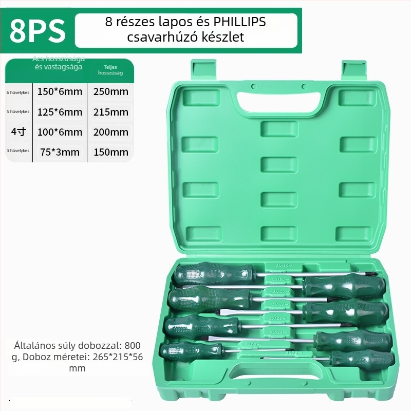 Csavarhúzó készlet lapos és keresztfejű bitkkel, króm-vanádium acélból, mágneses, súly 1.8